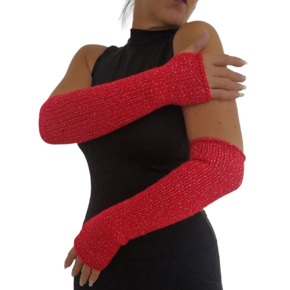 Red Silver Glitter Handmade Knitted Long Fingerless Gloves Valentines Gi… - Picture 8 of 11